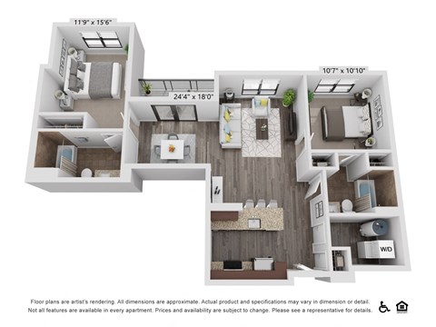 Floor plan for 2 beds, 2 baths, 1054 sqft